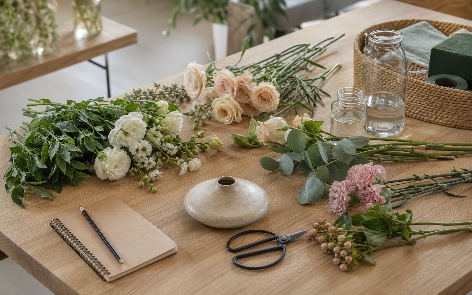 フラワーレッスン用の花材と道具を並べたテーブルのイメージ